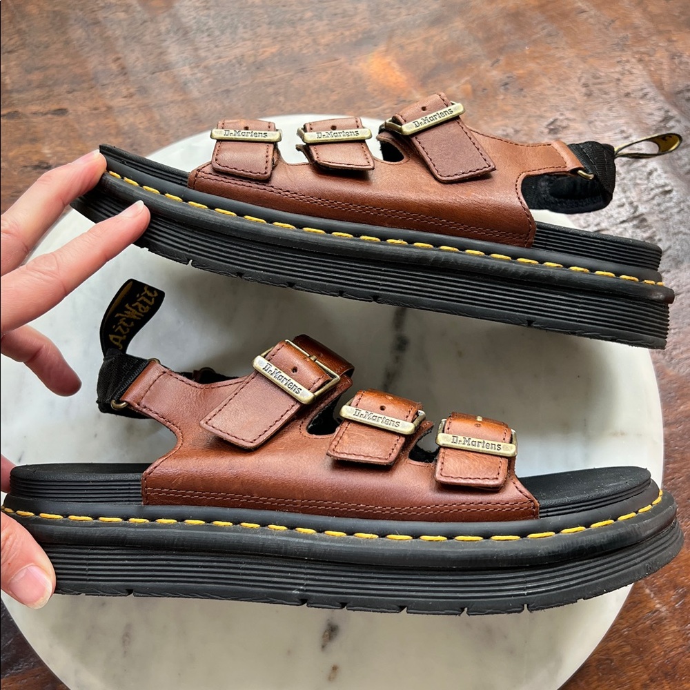 DR. MARTENS Soloman Luxor Leather 3-Strap Front Buckle Sandals Brown/Tan - Picture 9 of 11